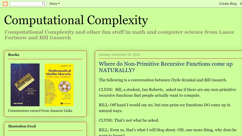 Screenshot of blog.computationalcomplexity.org: Where do non-primitive recursive functions come up naturally?