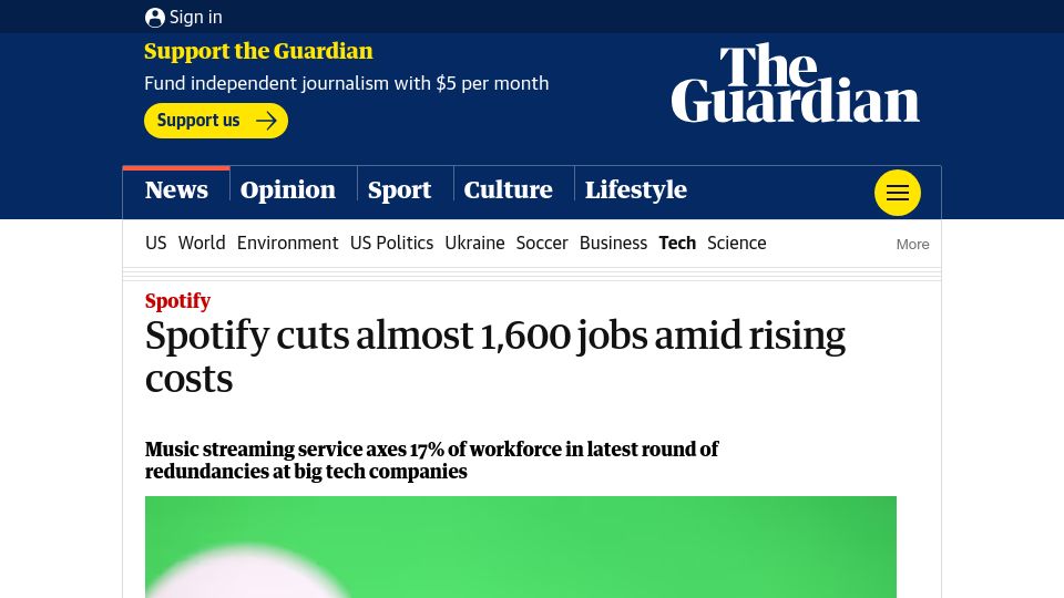 Screenshot of theguardian.com: Spotify cuts almost 1,600 jobs amid rising costs