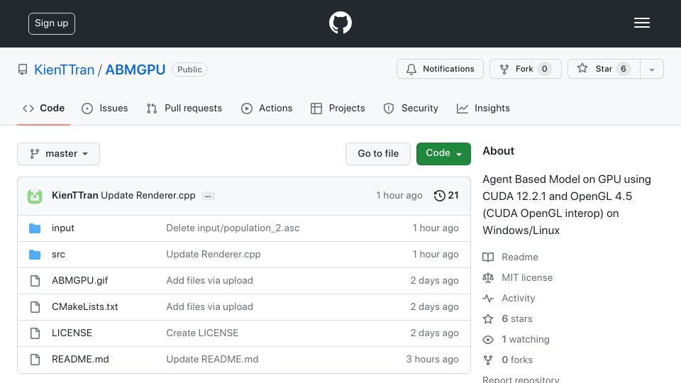 Screenshot of github.com: Show HN: Demo of Agent Based Model on GPU with CUDA and OpenGL (Windows/Linux)