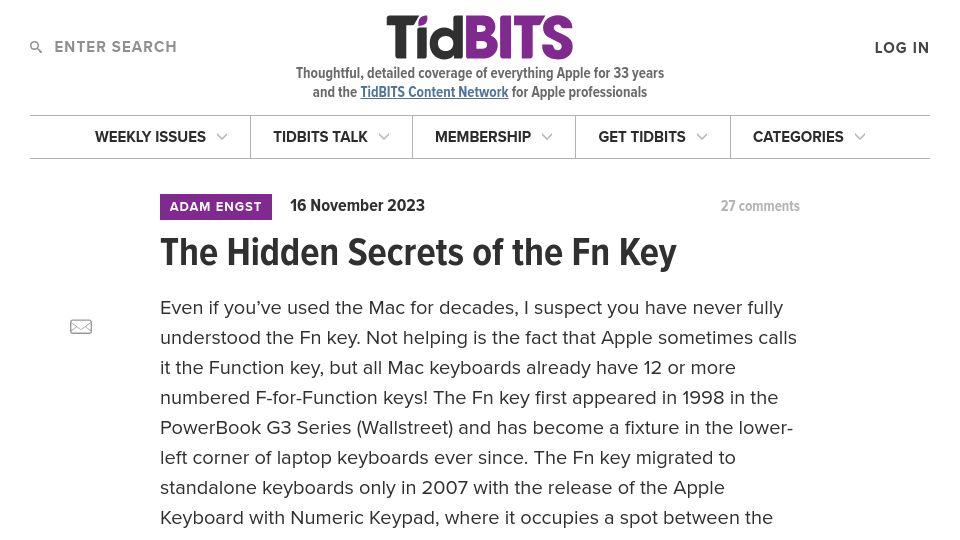 Screenshot of tidbits.com: Secrets of the Fn Key