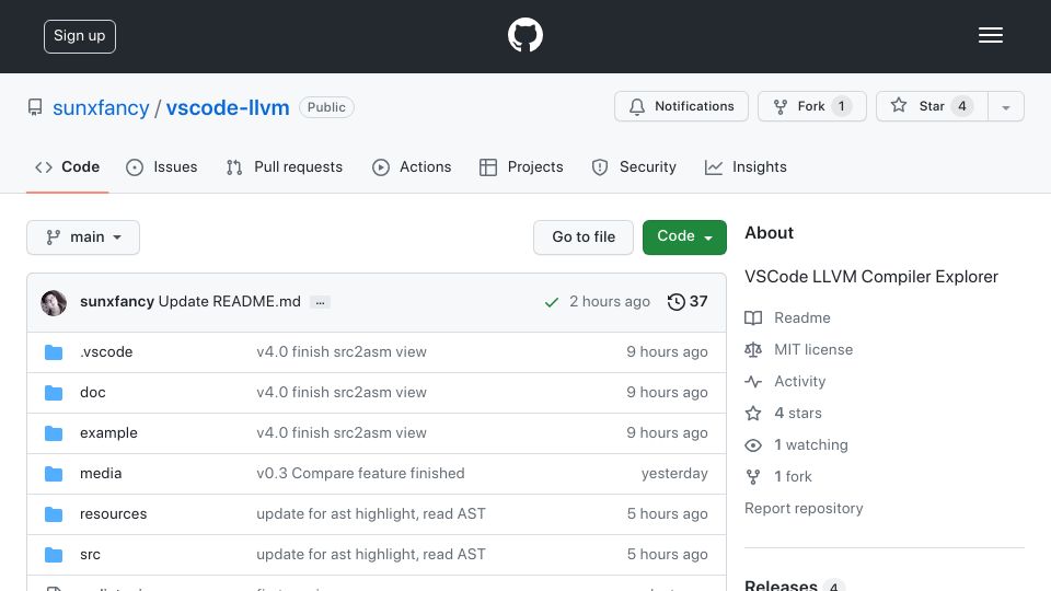 Screenshot of github.com: VSCode LLVM Compiler Explorer
