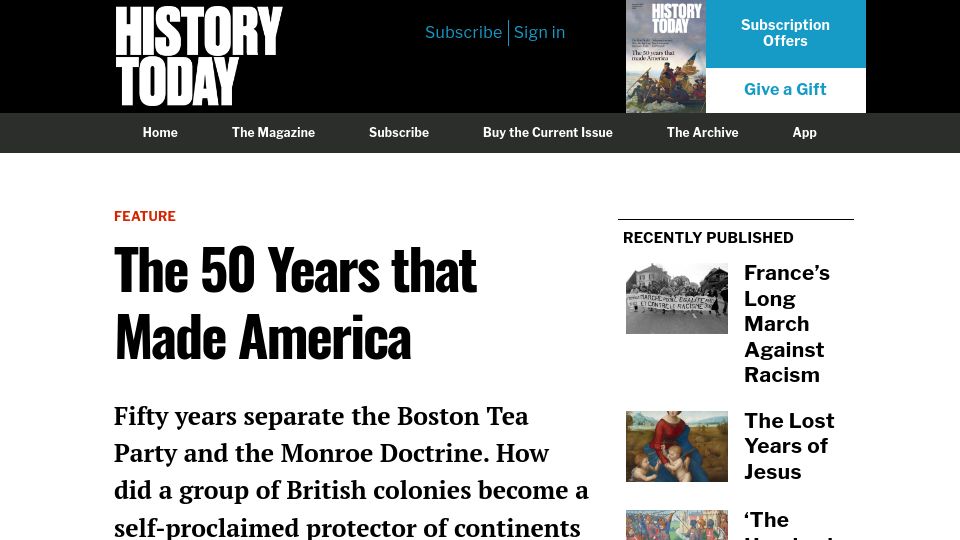 Screenshot of historytoday.com: The 50 Years That Made America