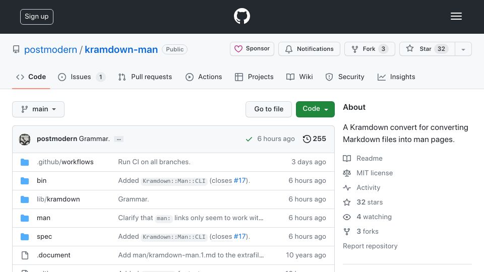 Screenshot of github.com: Kramdown-man: A Kramdown convert for converting Markdown files into man pages