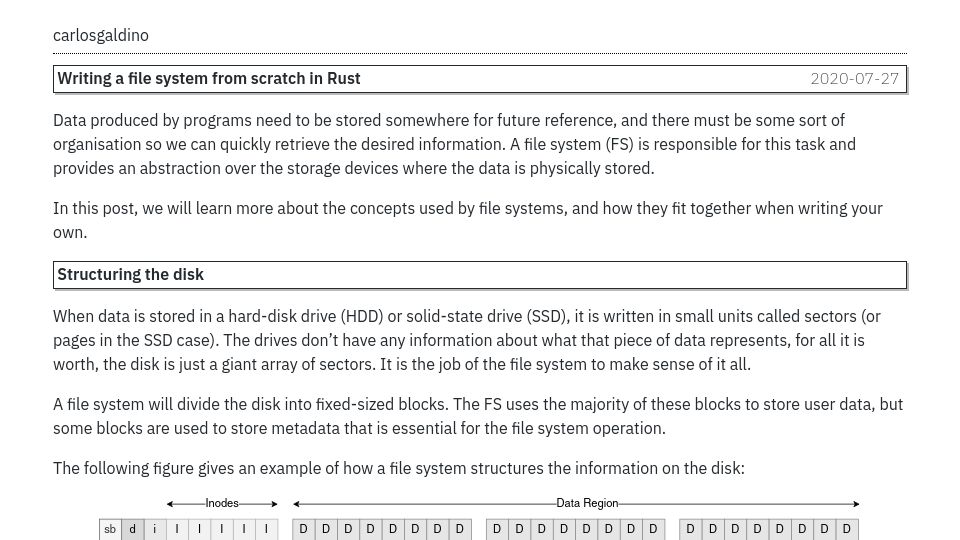 Screenshot of blog.carlosgaldino.com: Writing a file system from scratch in Rust