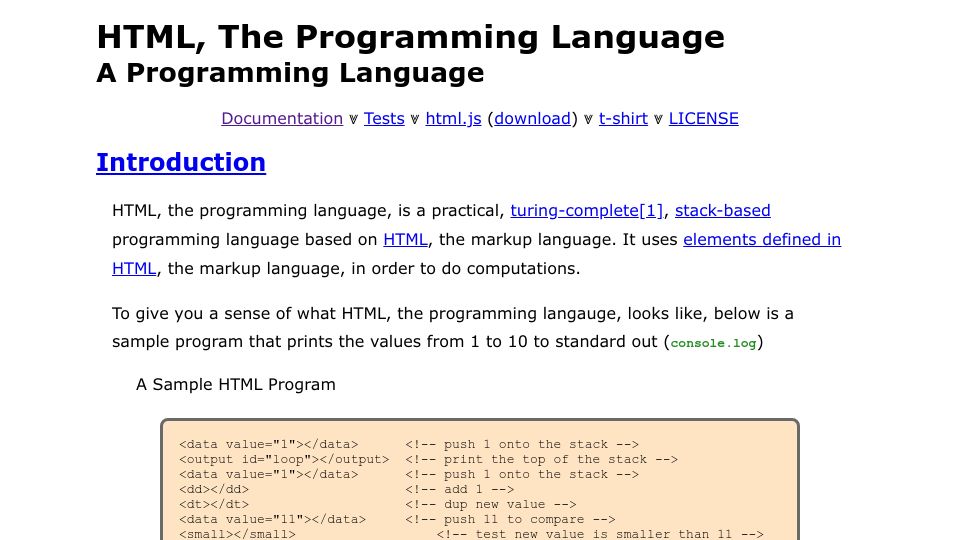 Screenshot of html-lang.org: HTML, the Programming Language