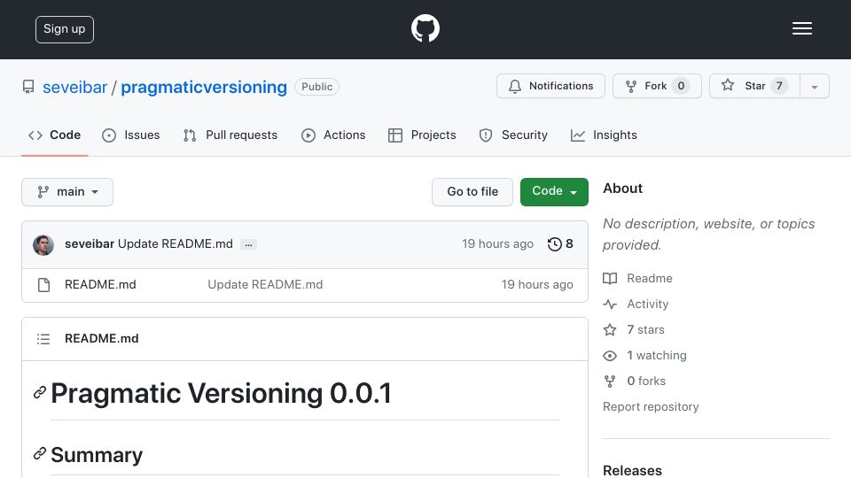 Screenshot of github.com: Pragmatic Versioning – An Alternative to Semver