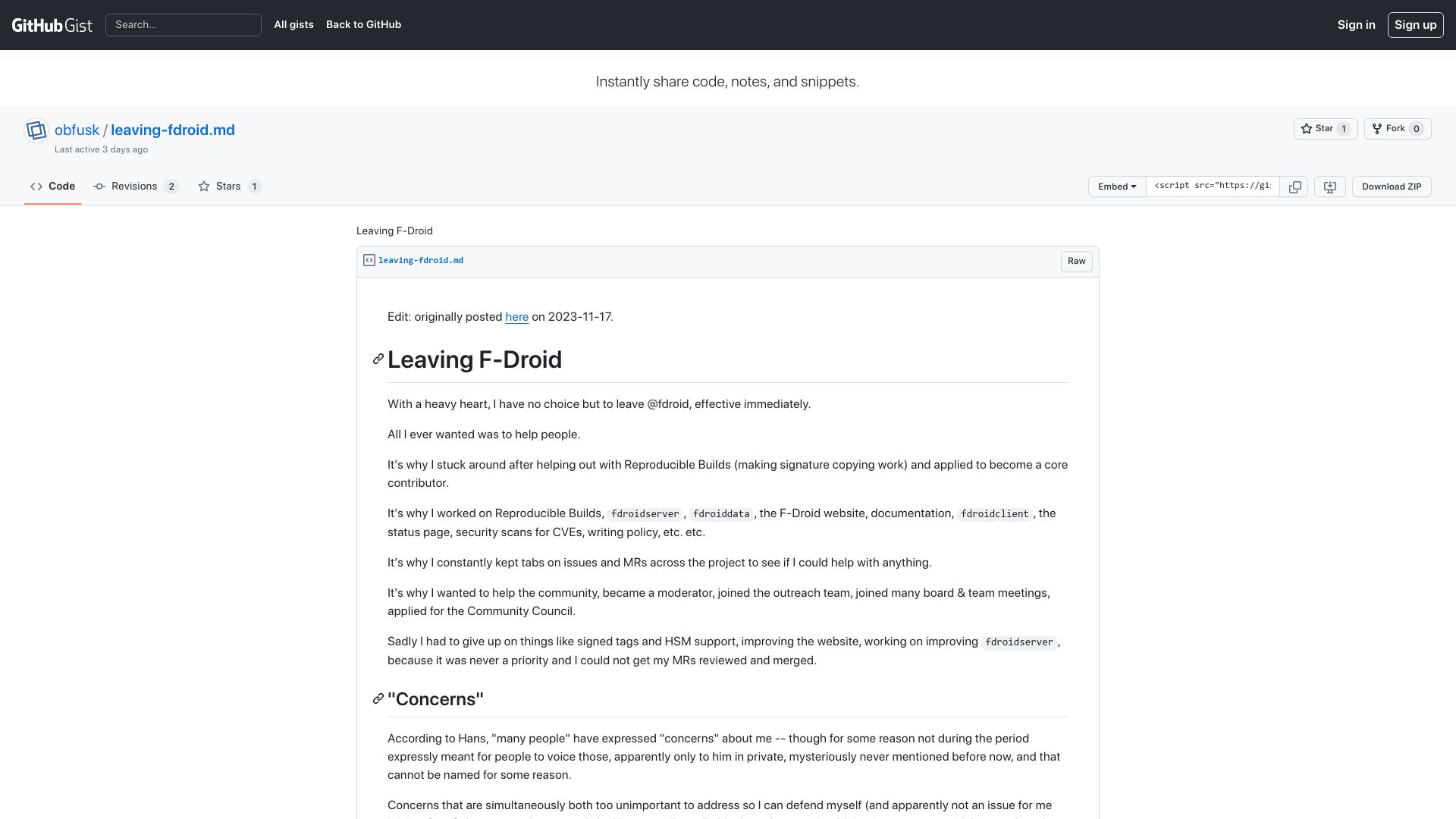Screenshot of gist.github.com: Leaving F-Droid