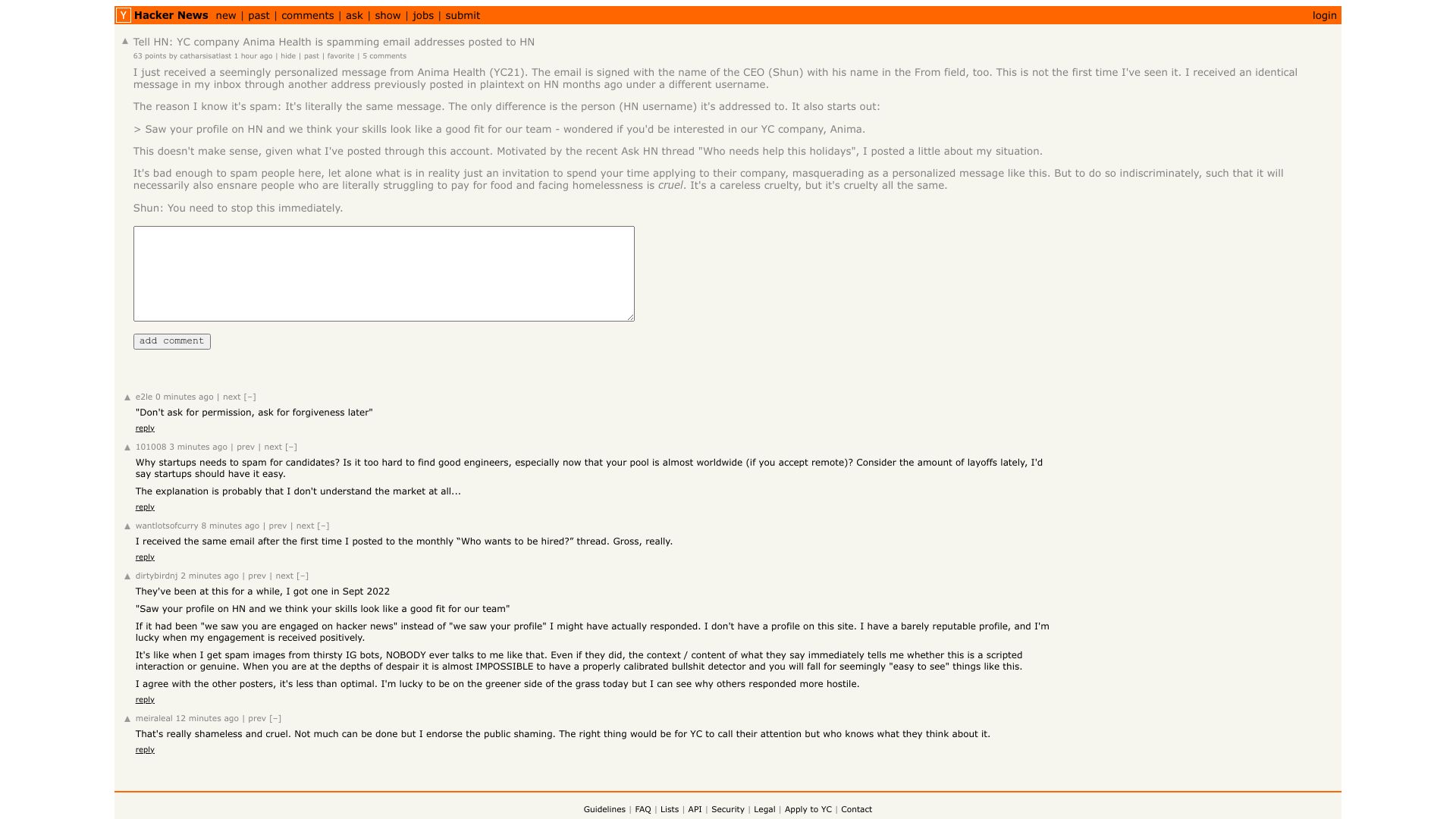 Screenshot of this Hacker News post: Tell HN: YC company Anima Health is spamming email addresses posted to HN