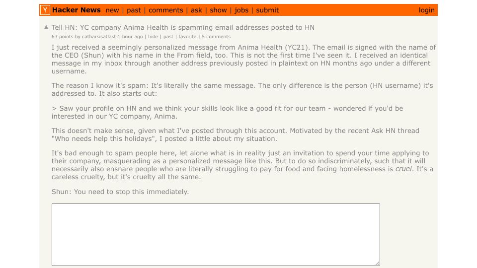 Screenshot of Hacker News post: Tell HN: YC company Anima Health is spamming email addresses posted to HN