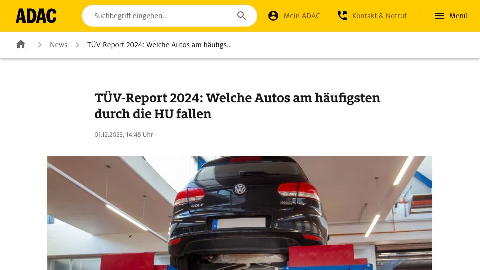 Screenshot of adac.de: TÜV vehicle report 2024 – Tesla Model 3, most issues (German)