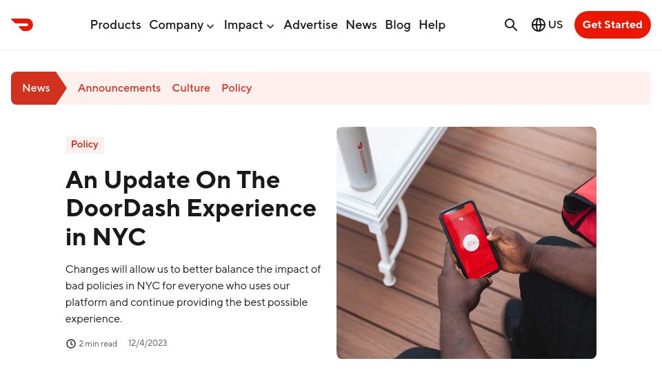 Screenshot of about.doordash.com: DoorDash raises minimum pay to $29.93 per hour in NYC