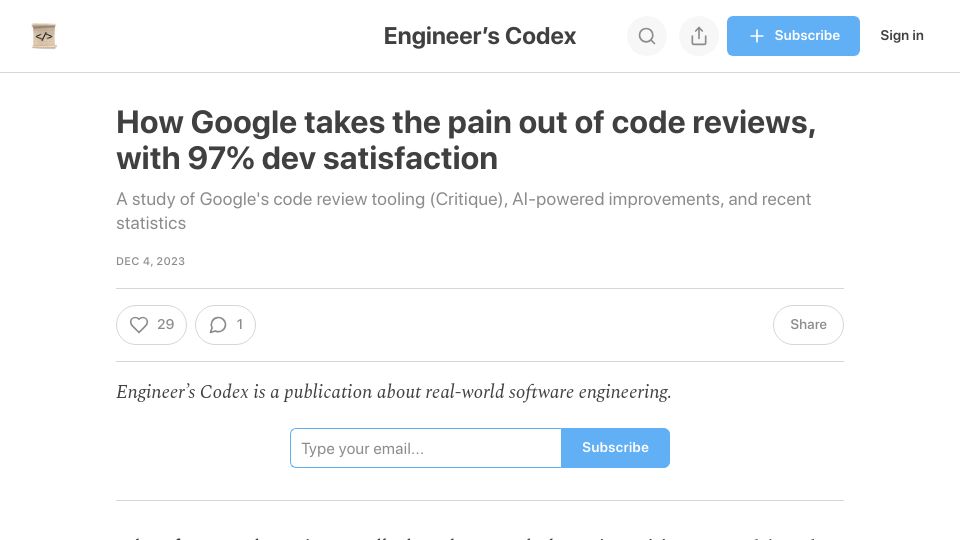 Screenshot of engineercodex.substack.com: A study of Google's code review tooling (Critique)