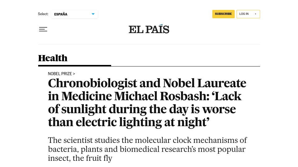 Screenshot of english.elpais.com: Lack of sunlight during the day is worse than electric lighting at night