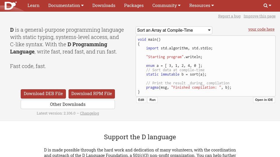 Screenshot of dlang.org: D Programming Language