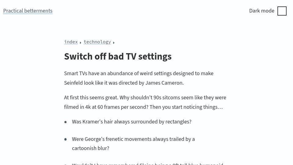 Screenshot of practicalbetterments.com: Switch off bad TV settings