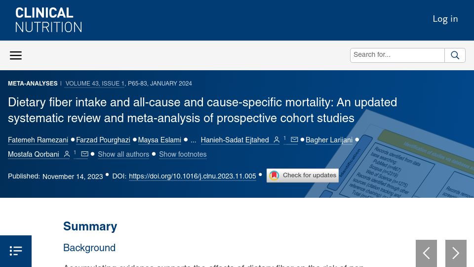 Screenshot of clinicalnutritionjournal.com: Dietary fiber intake and all-cause and cause-specific mortality