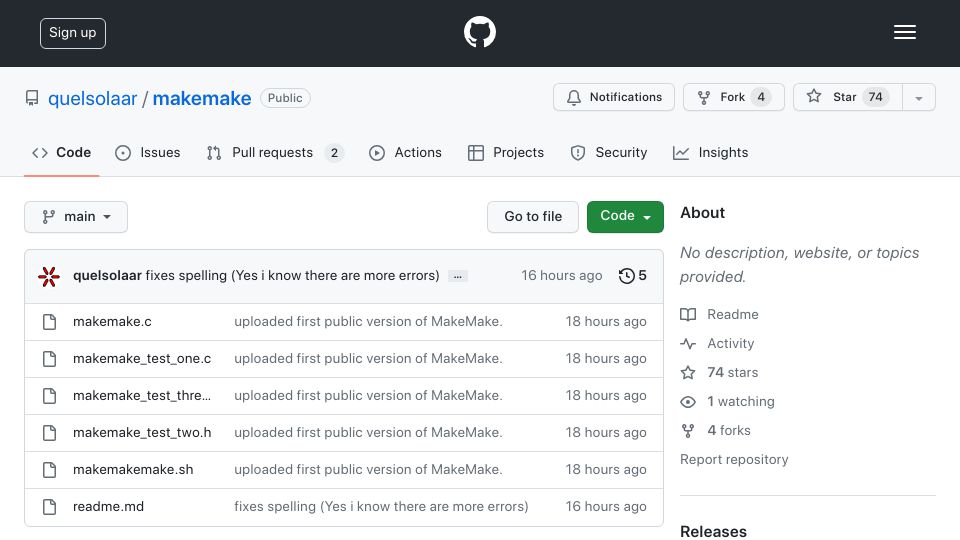 Screenshot of github.com: MakeMake: Generate make files from C source code