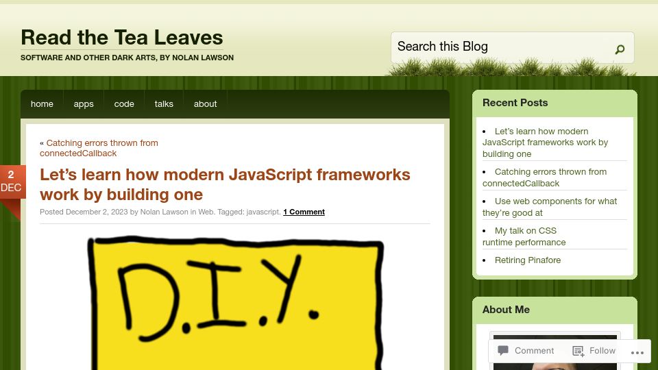Screenshot of nolanlawson.com: Learn how modern JavaScript frameworks work by building one
