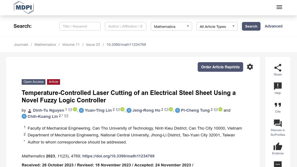 Screenshot of mdpi.com: Laser cutting of an electrical steel sheet using a fuzzy logic controller