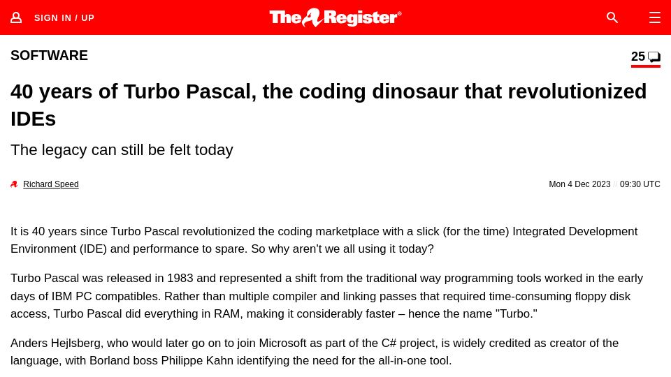 Screenshot of theregister.com: 40 years of Turbo Pascal, the coding dinosaur that revolutionized IDEs