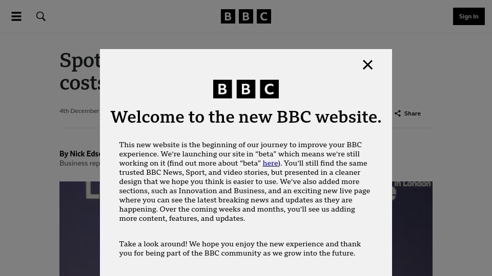 Screenshot of bbc.com: Spotify to axe 1,500 workers to save costs