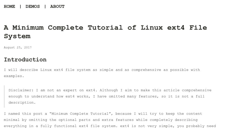 Screenshot of metebalci.com: A minimum complete tutorial of Linux ext4 file system (2017)