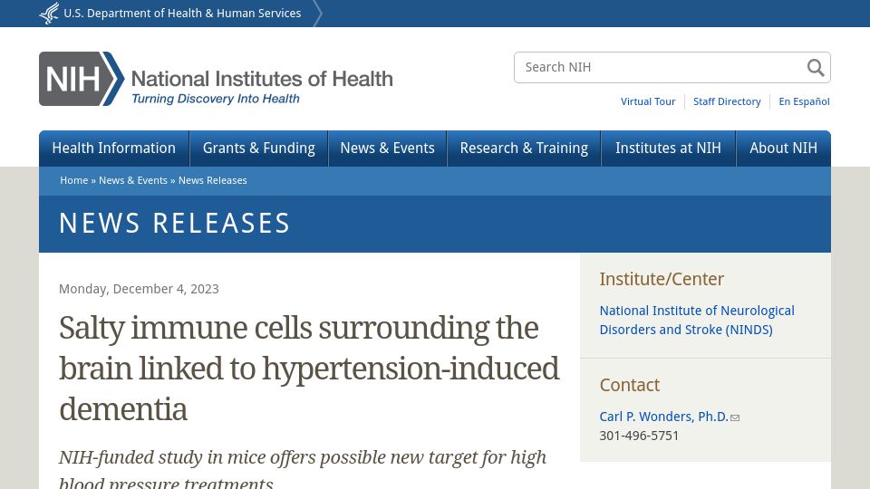 Screenshot of nih.gov: High blood pressure may contribute to cognitive decline
