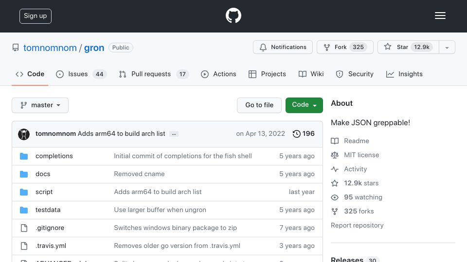 Screenshot of github.com: Gron: Make JSON greppable