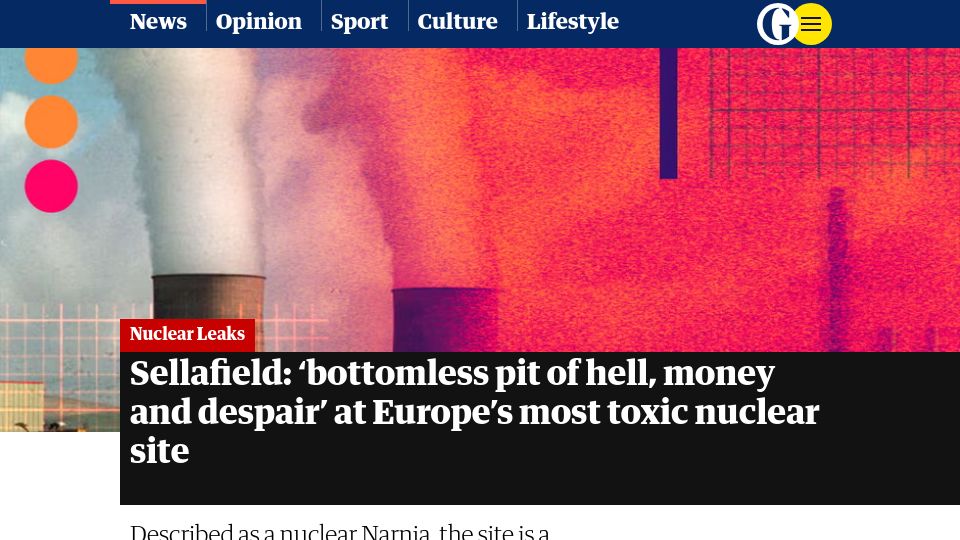 Screenshot of theguardian.com: Sellafield: Europe’s most toxic nuclear site