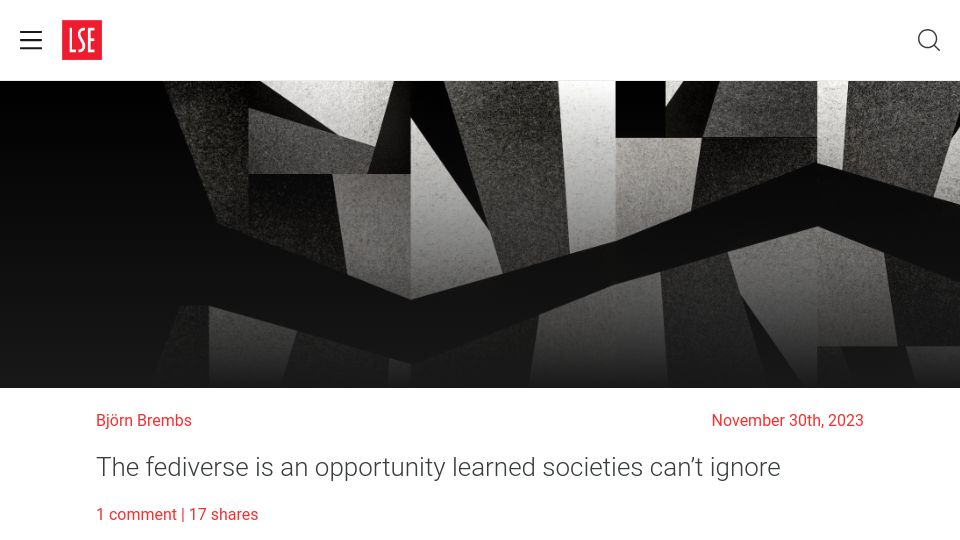 Screenshot of blogs.lse.ac.uk: The Fediverse is an opportunity learned societies can't ignore