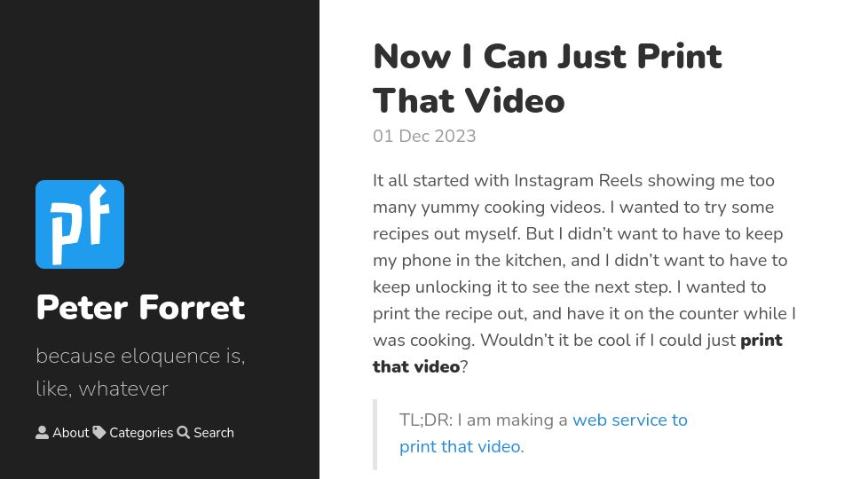 Screenshot of blog.forret.com: Now I can just print that video