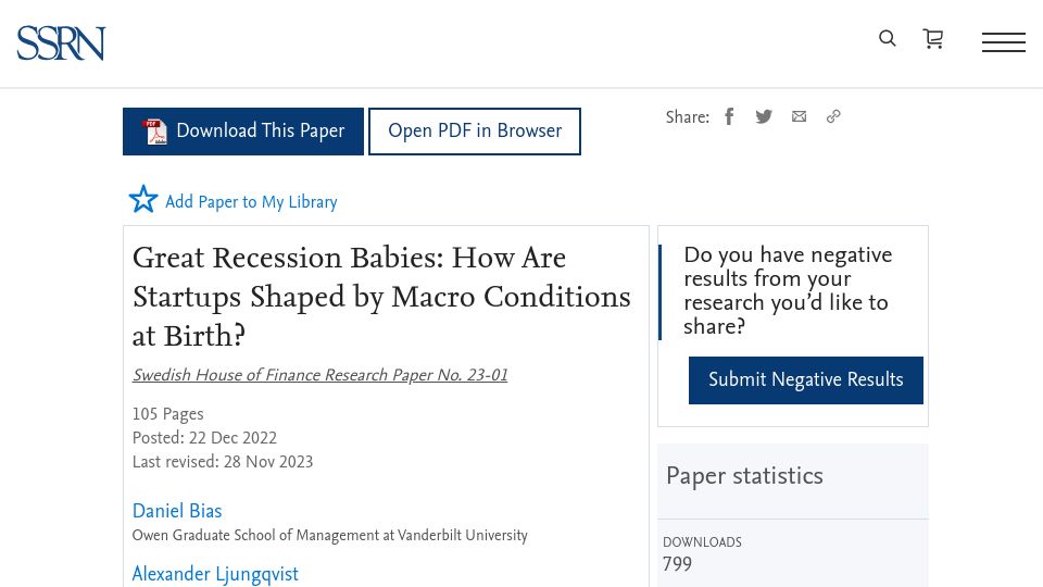 Screenshot of papers.ssrn.com: How are startups shaped by macro conditions at birth?