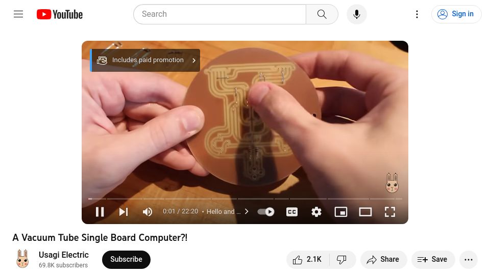 Screenshot of youtube.com: A Vacuum Tube Single Board 1-Bit Computer [video]