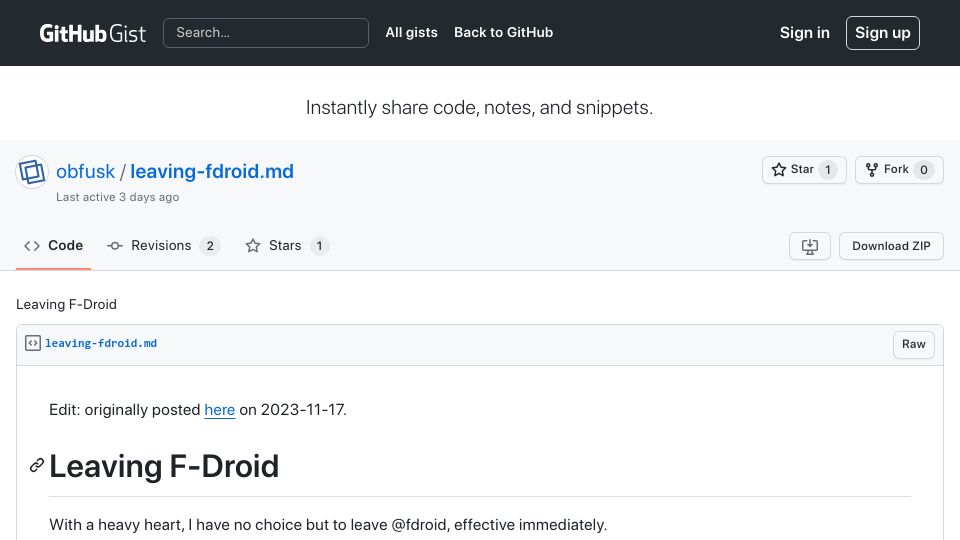 Screenshot of gist.github.com: Leaving F-Droid