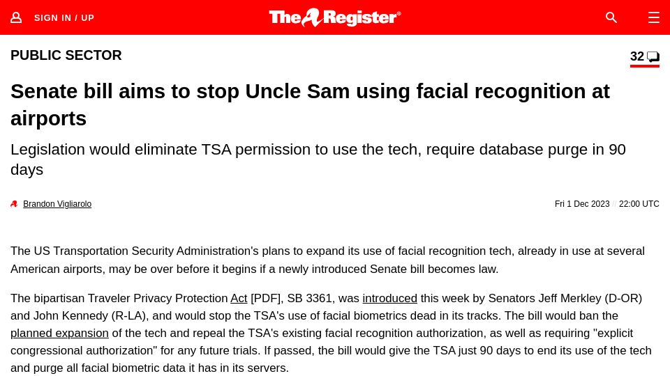 Screenshot of theregister.com: Senate bill aims to stop Uncle Sam using facial recognition at airports