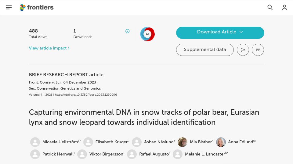 Screenshot of frontiersin.org: Capturing DNA in snow tracks of polar bear, Eurasian lynx and snow leopard