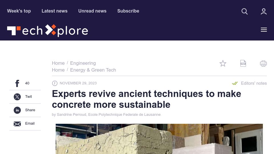 Screenshot of techxplore.com: Experts revive ancient techniques to make concrete more sustainable