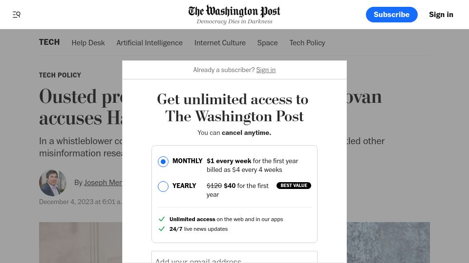 Screenshot of washingtonpost.com: Ousted propaganda scholar accuses Harvard of bowing to Meta