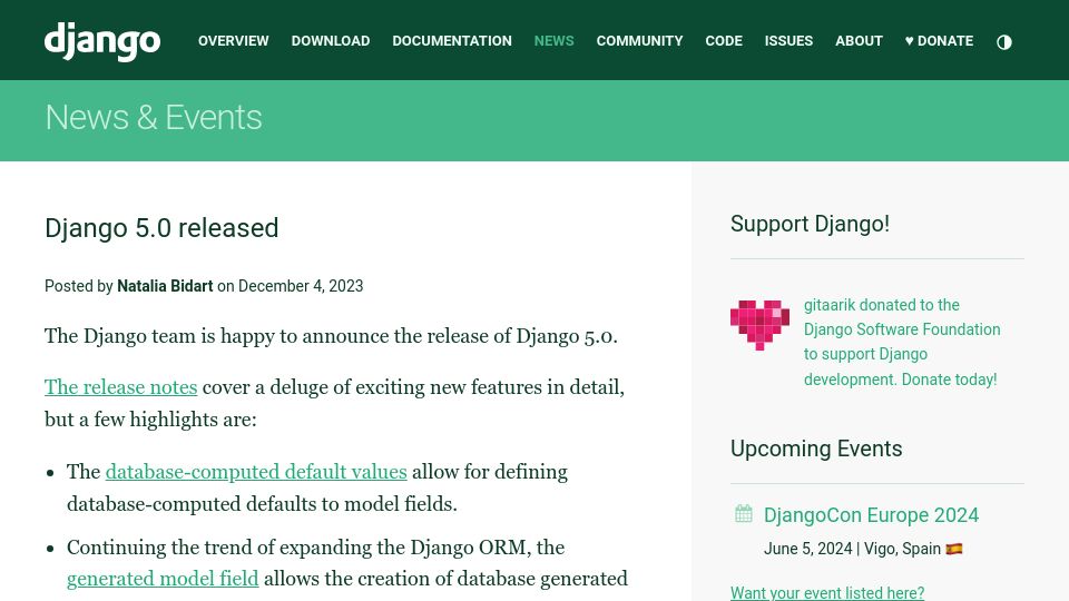 Screenshot of djangoproject.com: Django 5.0
