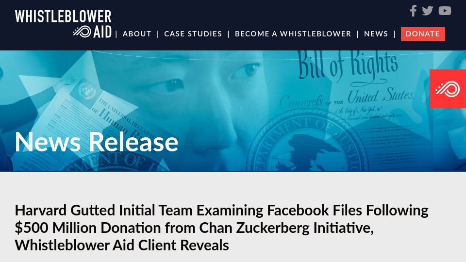 Screenshot of live-whistleblower-aid.pantheonsite.io: Harvard gutted team examining Facebook Files following $500M Zuckerberg donation