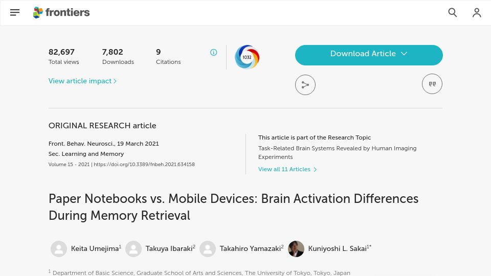 Screenshot of frontiersin.org: Paper vs. devices: Brain activation differences during memory retrieval (2021)