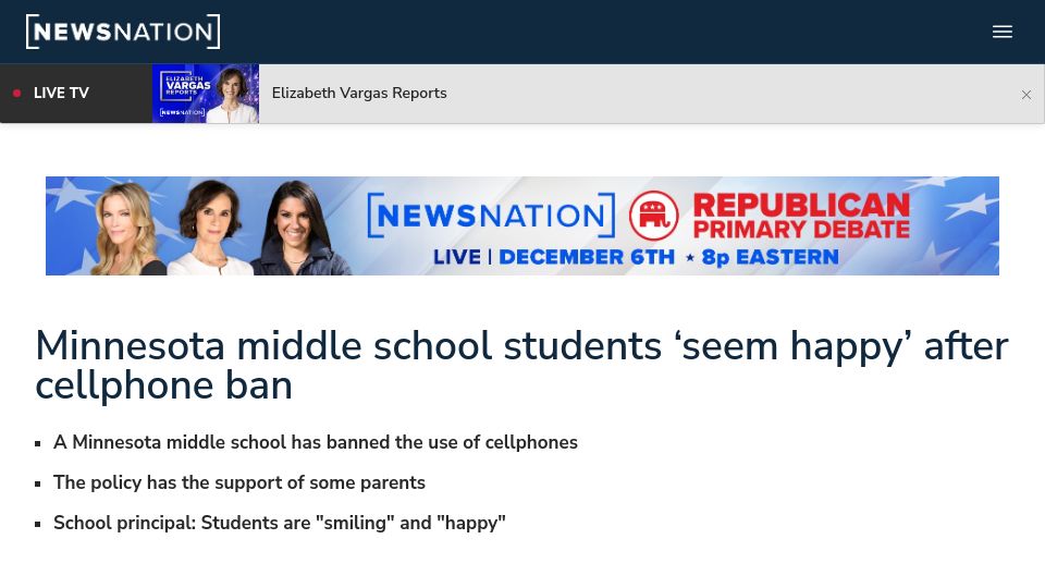Screenshot of newsnationnow.com: Minnesota middle school students 'seem happy' after cellphone ban