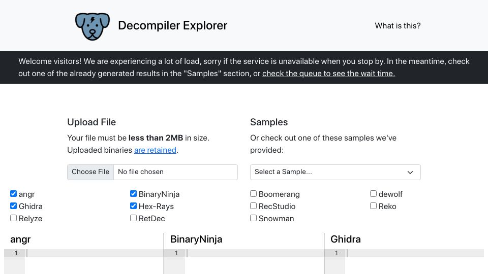Screenshot of dogbolt.org: Dogbolt Decompiler Explorer