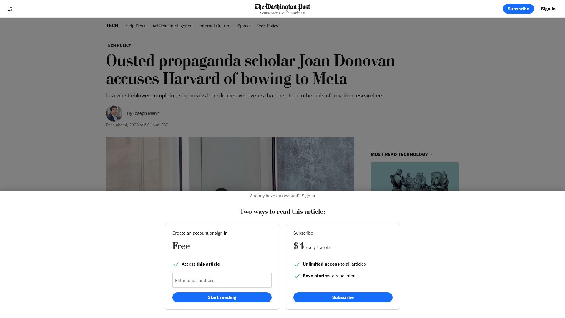 Screenshot of washingtonpost.com: Ousted propaganda scholar accuses Harvard of bowing to Meta