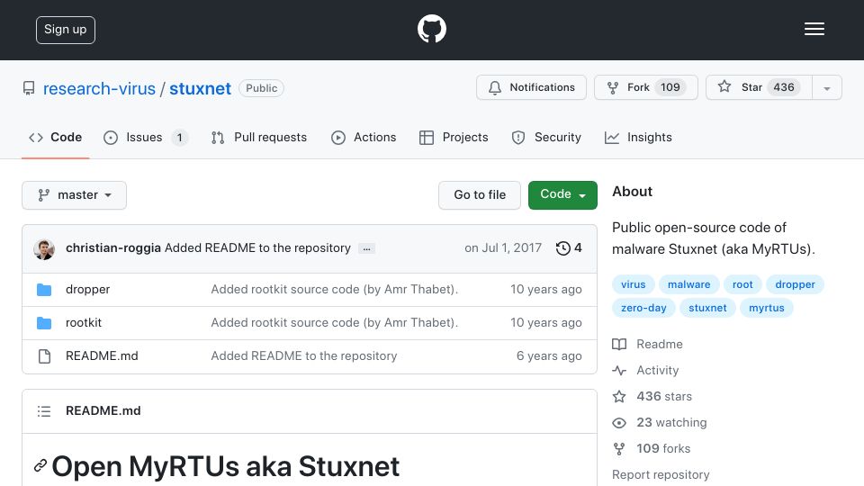 Screenshot of github.com: Stuxnet Source Code