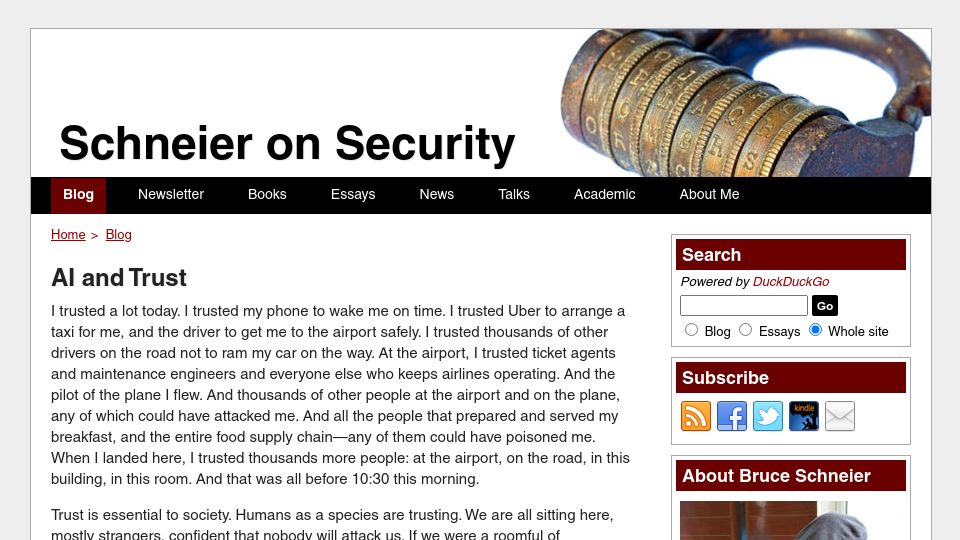Screenshot of schneier.com: AI and Trust