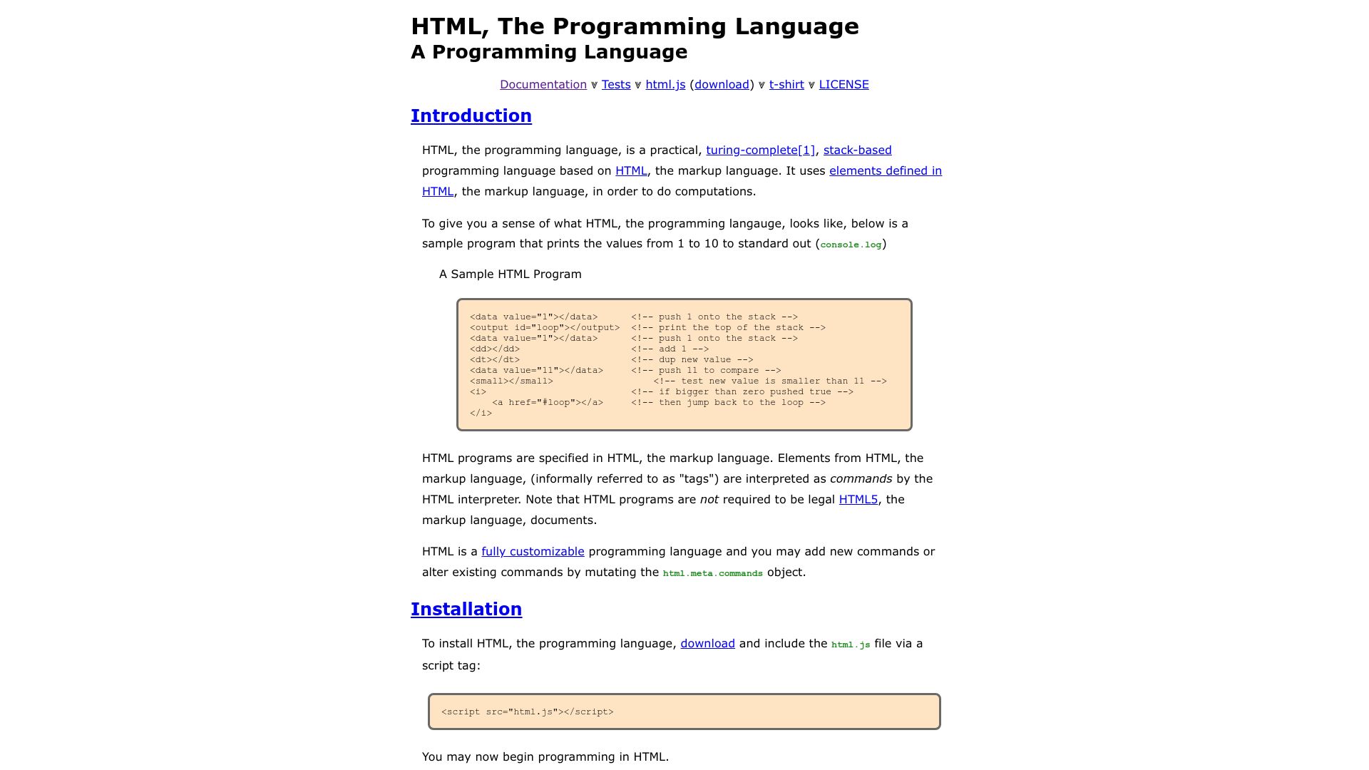 Screenshot of html-lang.org: HTML, the Programming Language
