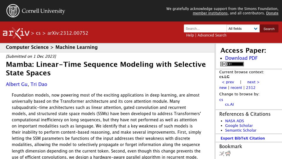 Screenshot of arxiv.org: Mamba: Linear-Time Sequence Modeling with Selective State Spaces