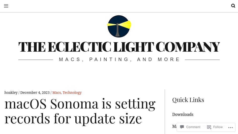 Screenshot of eclecticlight.co: macOS Sonoma is setting records for update size