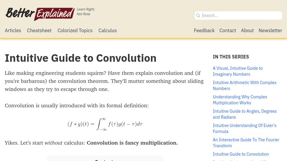 Screenshot of betterexplained.com: Intuitive guide to convolution